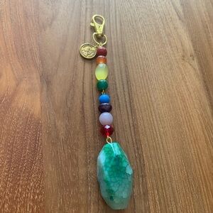 Colorful Beaded Bag Charm keychain with Green Pendant